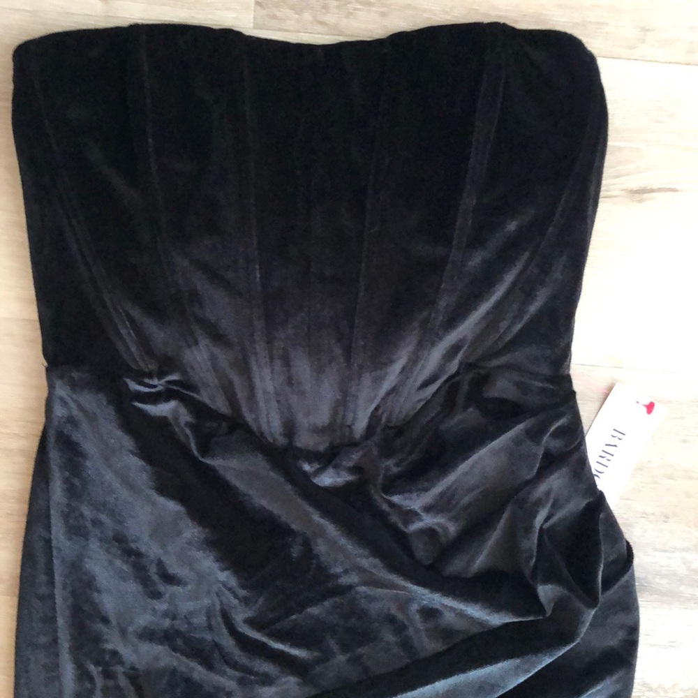 Black velvet Bardot thigh high slit formal dress